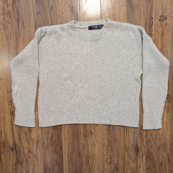 Vintage Neutral Ribbed Knit Cotton Blend Scandia Men's XL Sweater Crewneck Tan - Picture 2 of 4